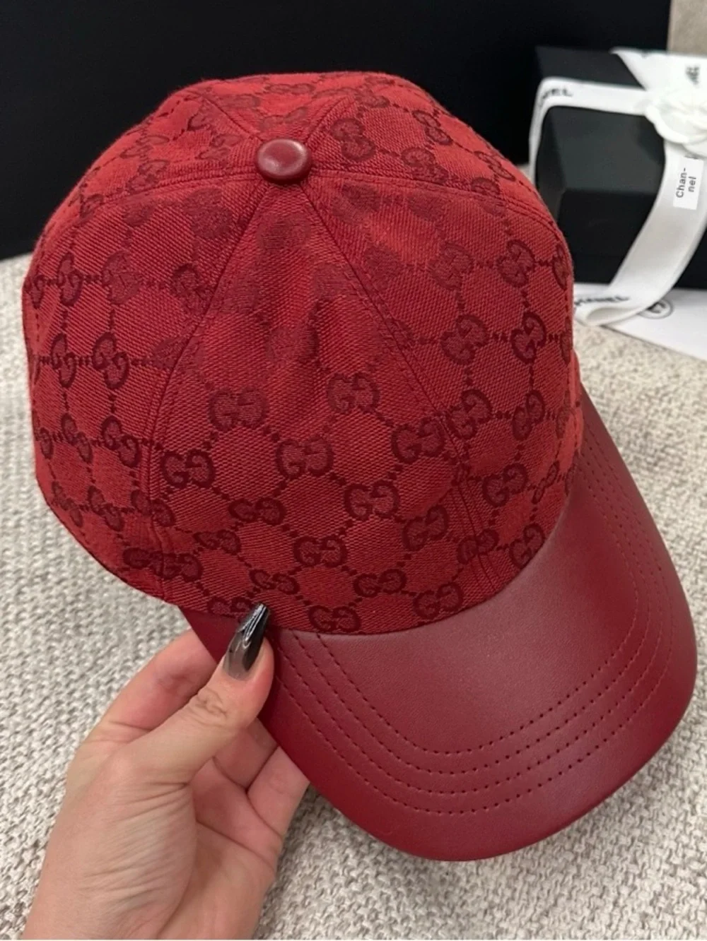 Double G Designer Red Burgundy Letter Logo Monogram Baseball Hat Cap